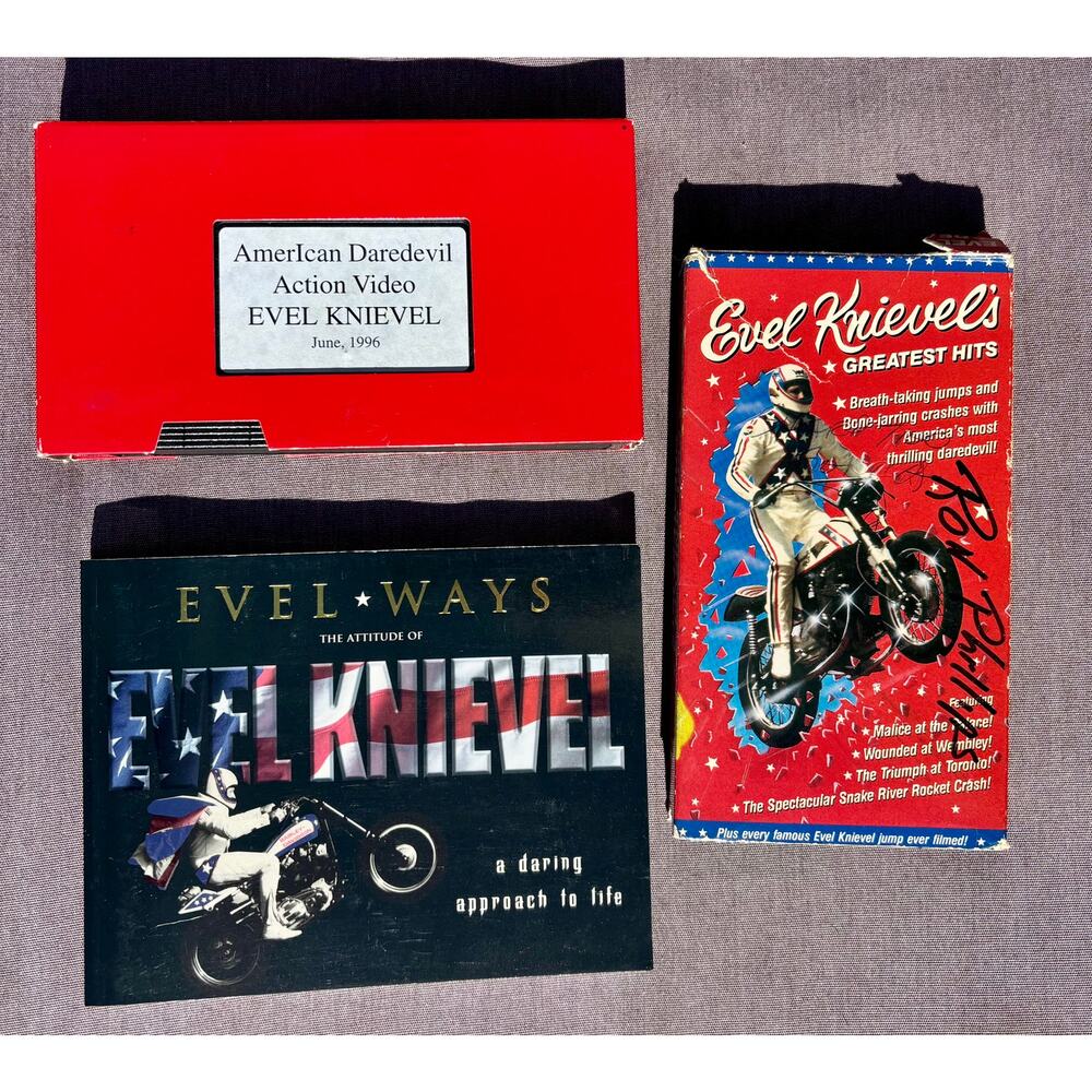Evel Knievel Vintage Video Tapes Book Lot Bundle 3 Greatest Hits American Dare
